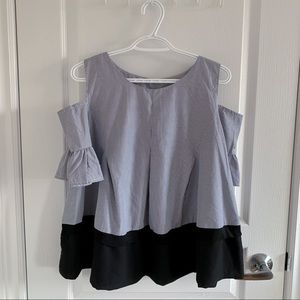 Blue white and black off the shoulder business casual shirt